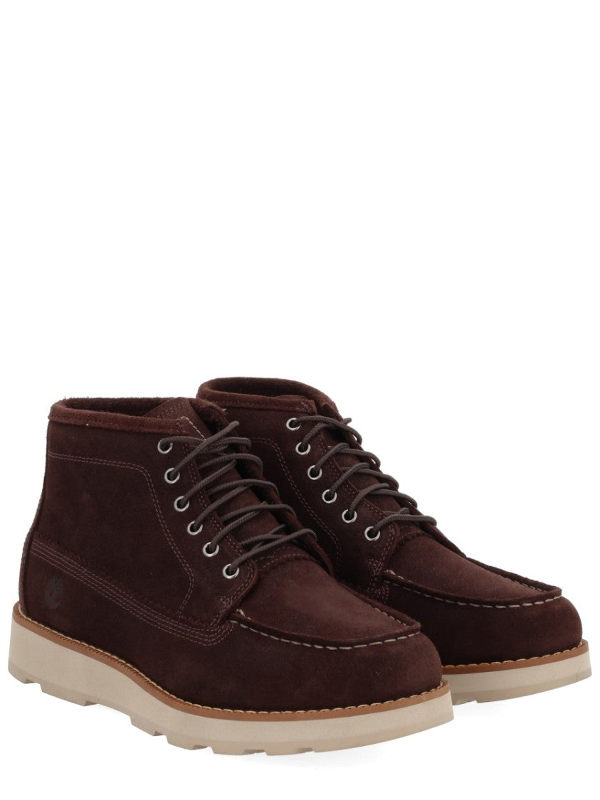 Timberland Brown Suede Boots With Moc Toe Design And Contrasting Sole