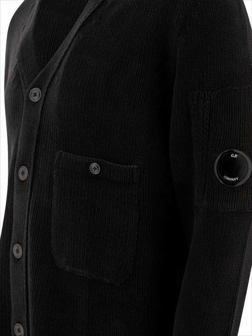 C.P. Company Black Knitted Cardigan With V-Neckline And Distinctive Logo Patch