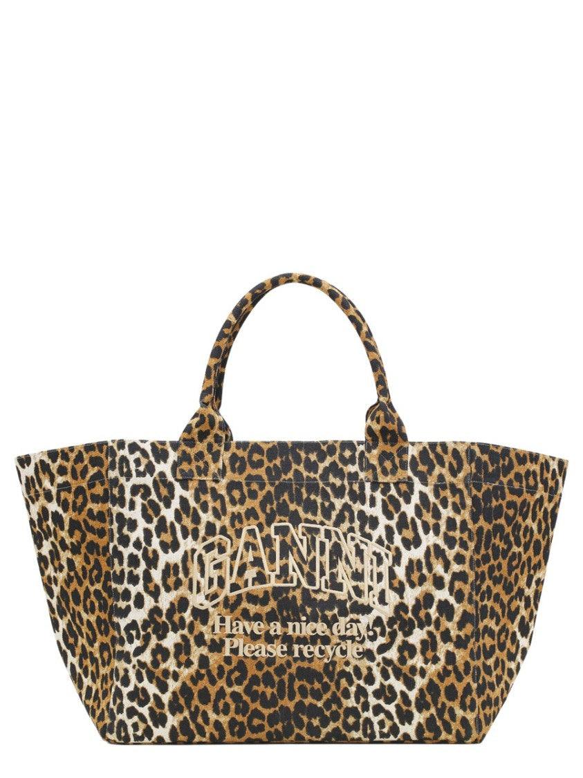 Ganni Leopard Print Tote Bag With Spacious Silhouette And Sturdy Handles
