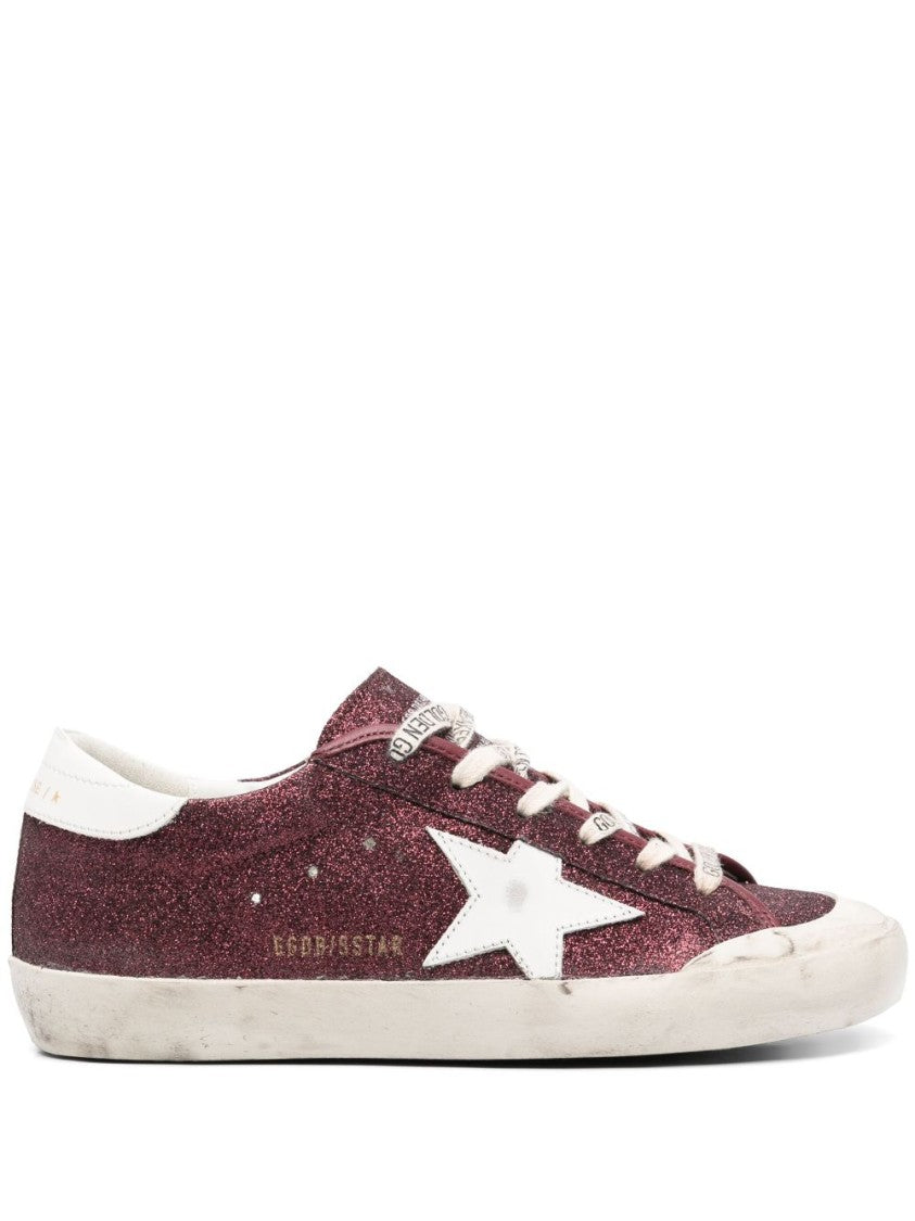Golden Goose Bordeaux Red Glitter Low-Top Sneakers With Signature Star Patch