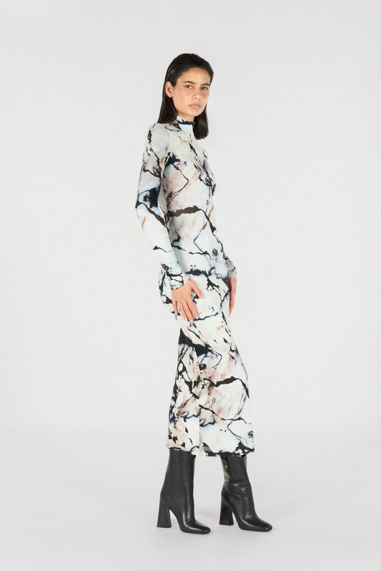 Roberto Cavalli White Viscose-Blend Marble-Print Mock-Neck Maxi Dress