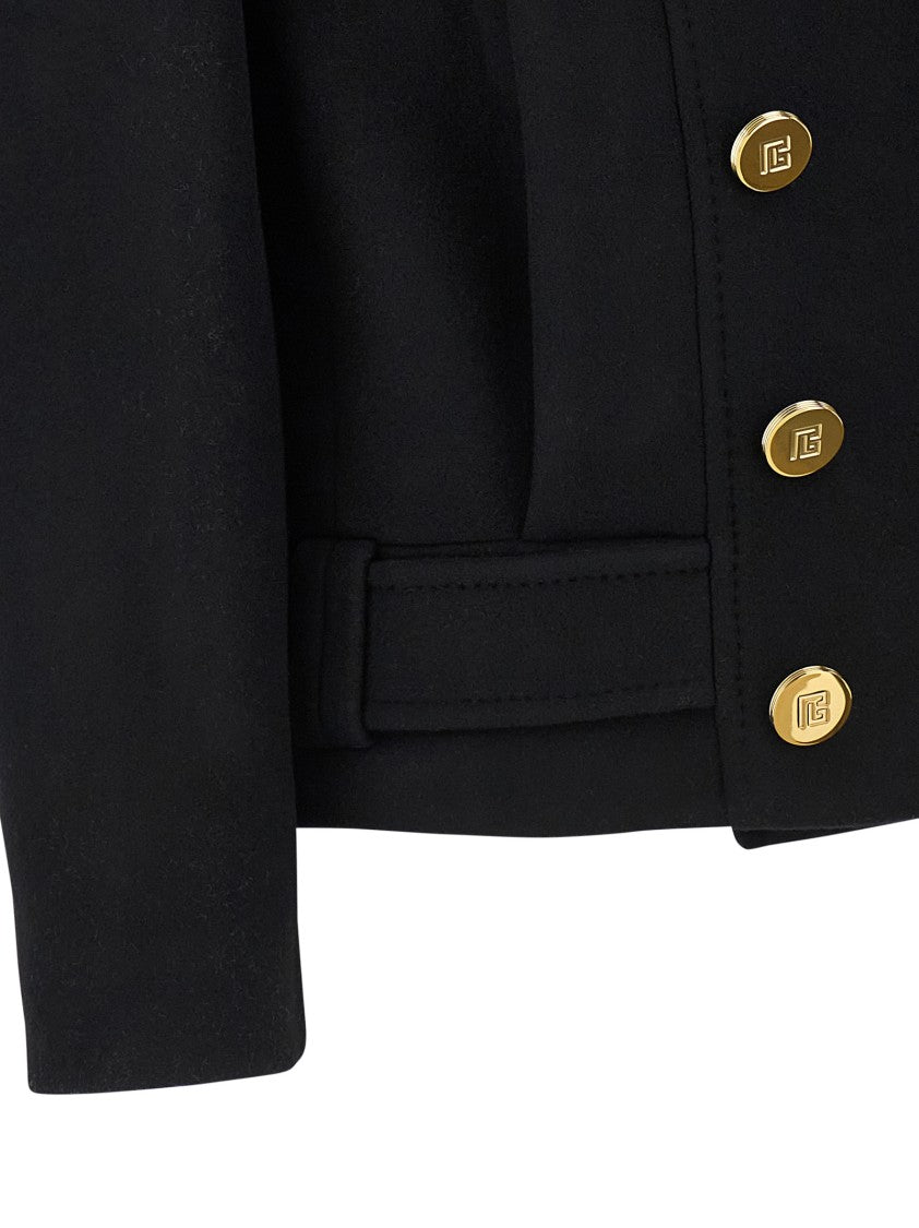Balmain Short Double-Breasted Wool Blend Coat With Tailored Structure