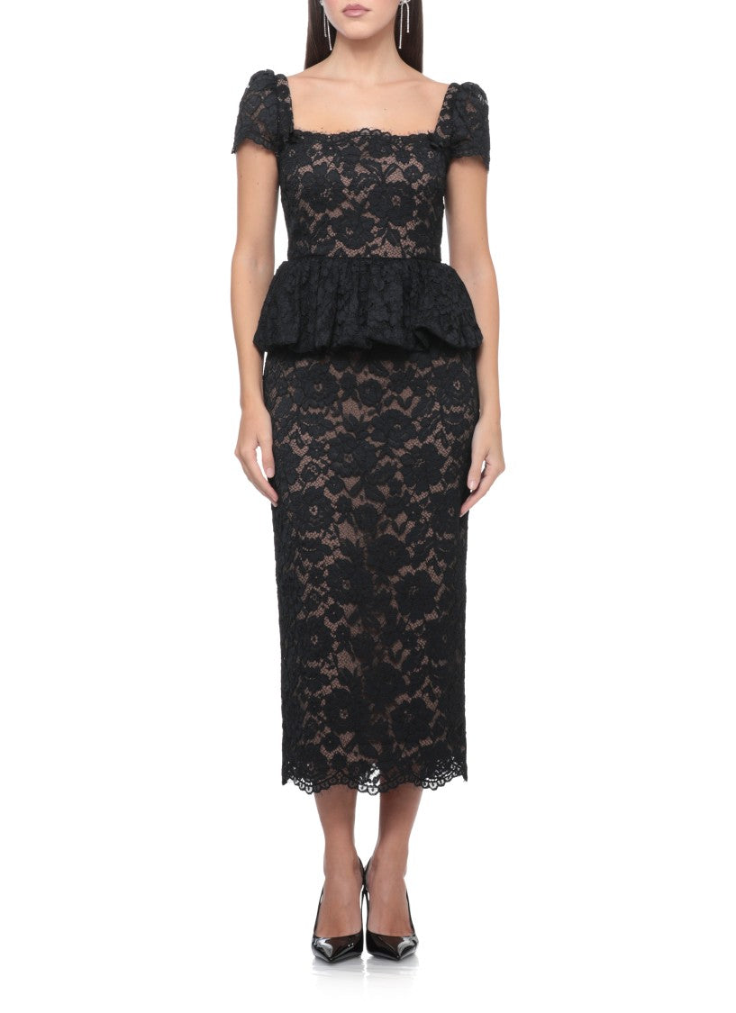 Self-Portrait Peplum Black Lace Midi Dress With Intricate Detailing