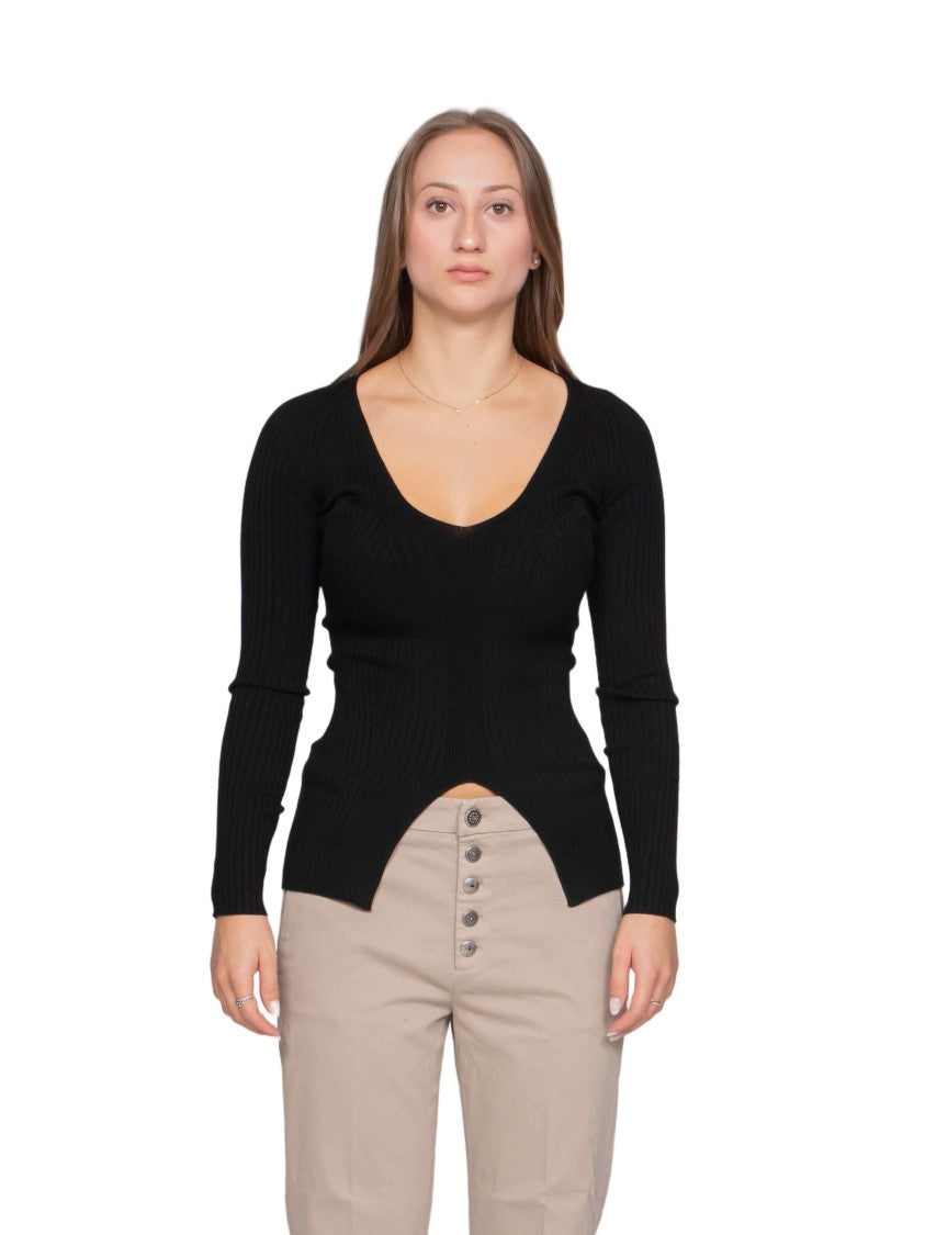 Dondup Fitted Black Top With Deep V-Neckline And Curved Hemline
