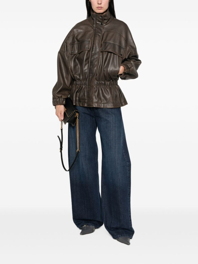 Pinko High Collar Relaxed Fit Smooth Leather Jacket