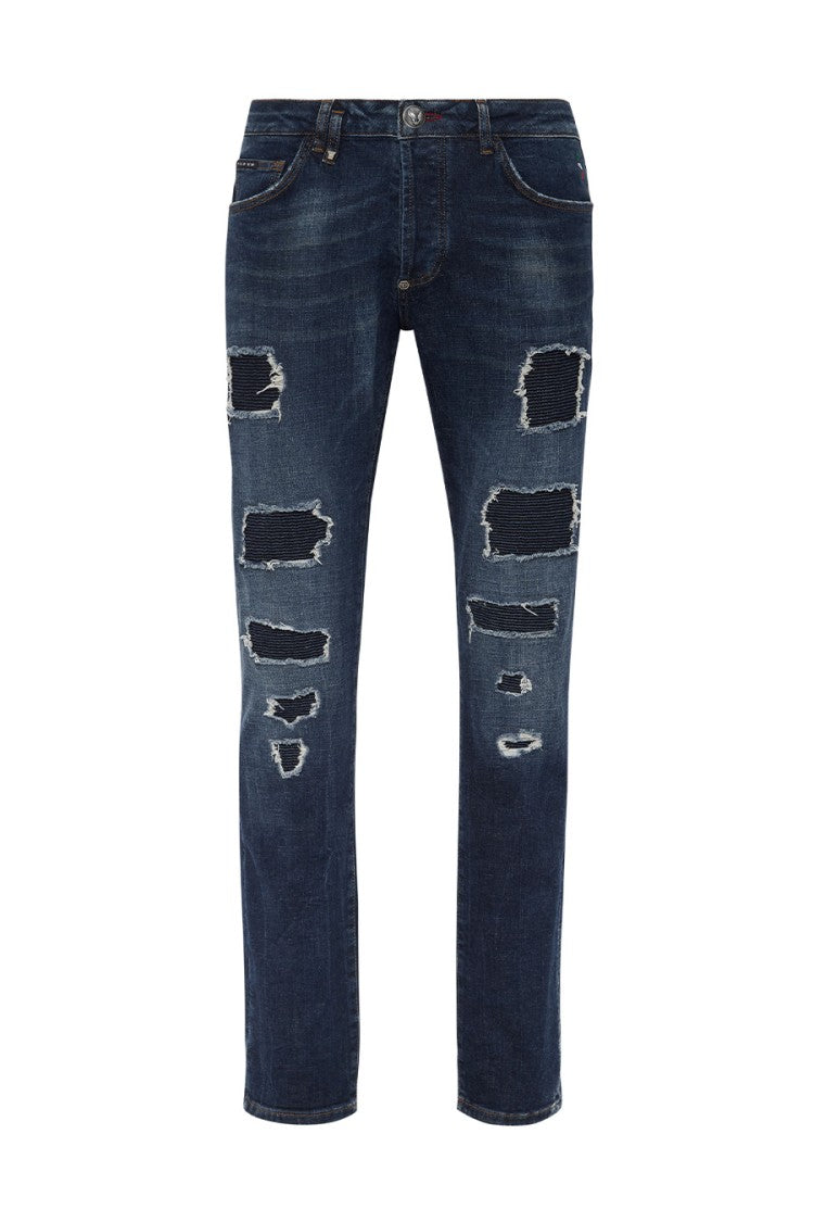 Philipp Plein Medium Wash Cotton-Blend Stretch Straight-Leg Jeans