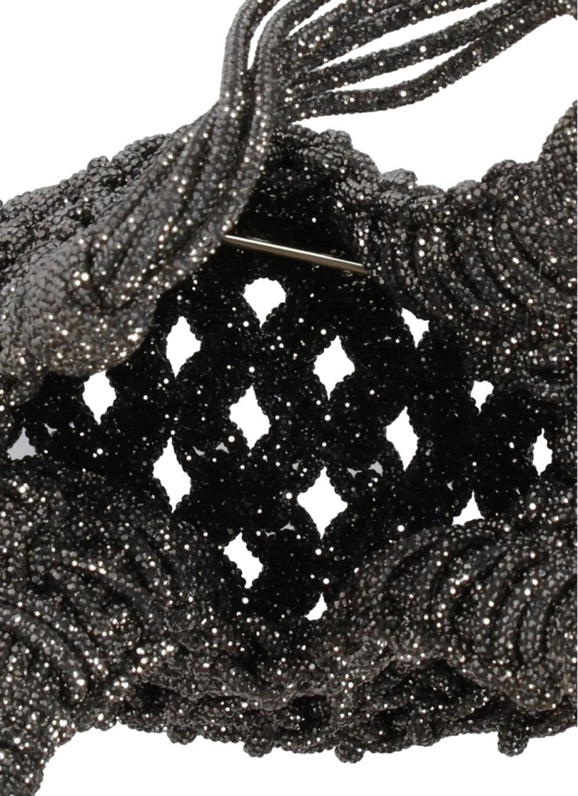 Hibourama Intricate Grey Hematite Jewelry Bag With Woven Crystal Design