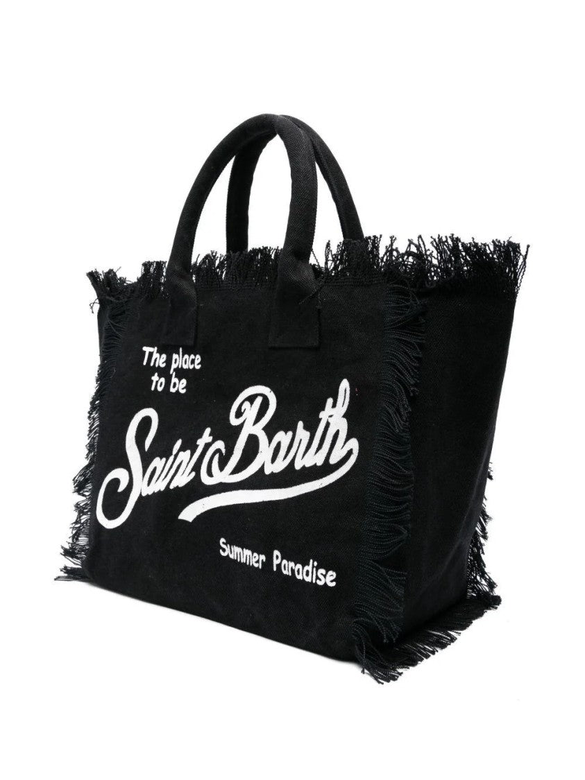 Mc2 Saint Barth Frayed Edge Black Tote Bag With Striking Text