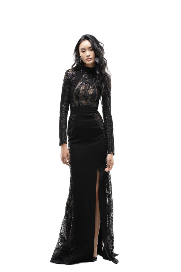 Saiid Kobeisy Intricate Embroidered Lace Evening Dress With High Neckline