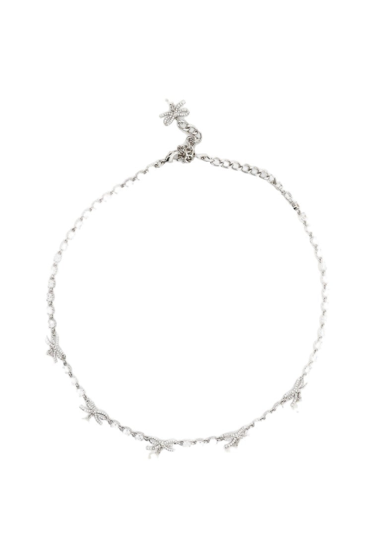 Self-Portrait Crystal Bow Pearl Charm Brass Necklace