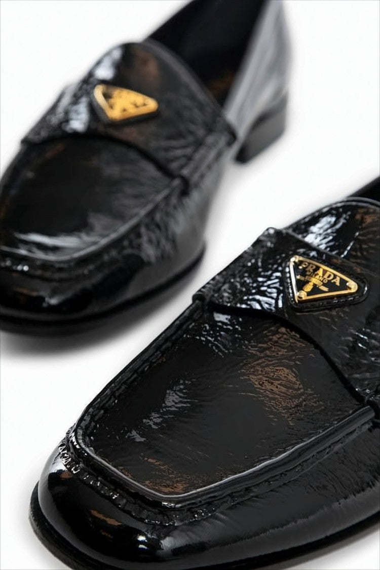 Prada Glossy Lambskin Leather Loafers With Triangular Logo