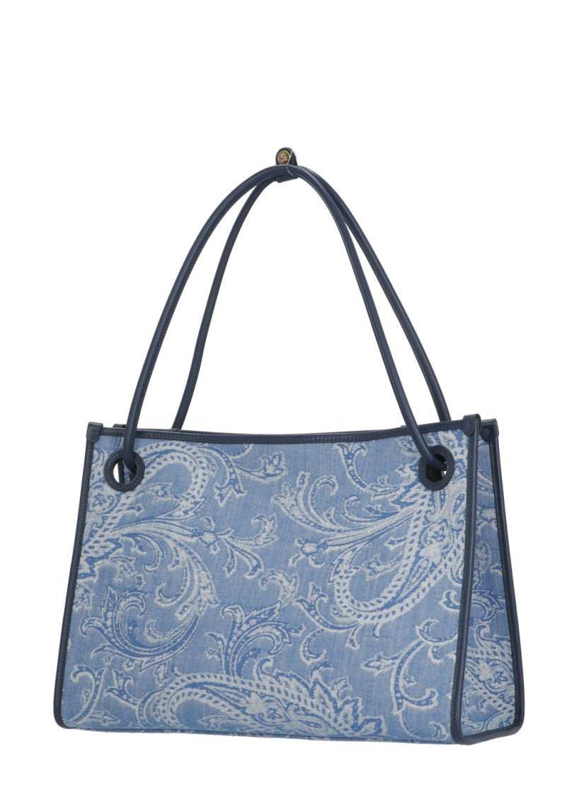 Etro Rectangular Blue Cotton Shoulder Bag With Contrasting Paisley Pattern