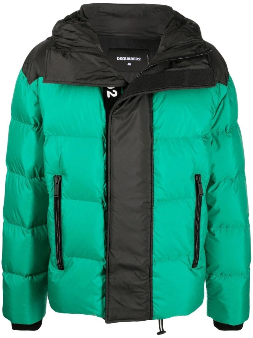 Dsquared2 Quilted Green Down Jacket With Hood And Black Accents