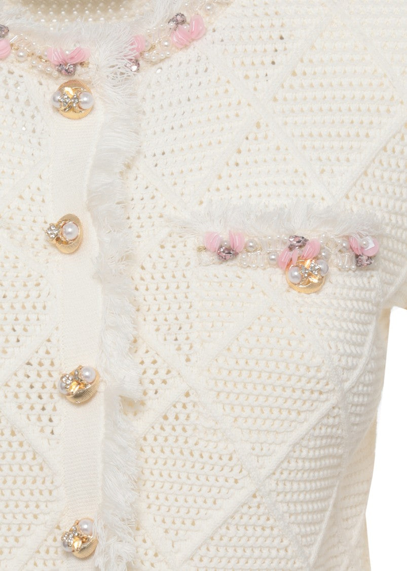 Self-Portrait Ivory Crochet Jewel Embellished Cardigan