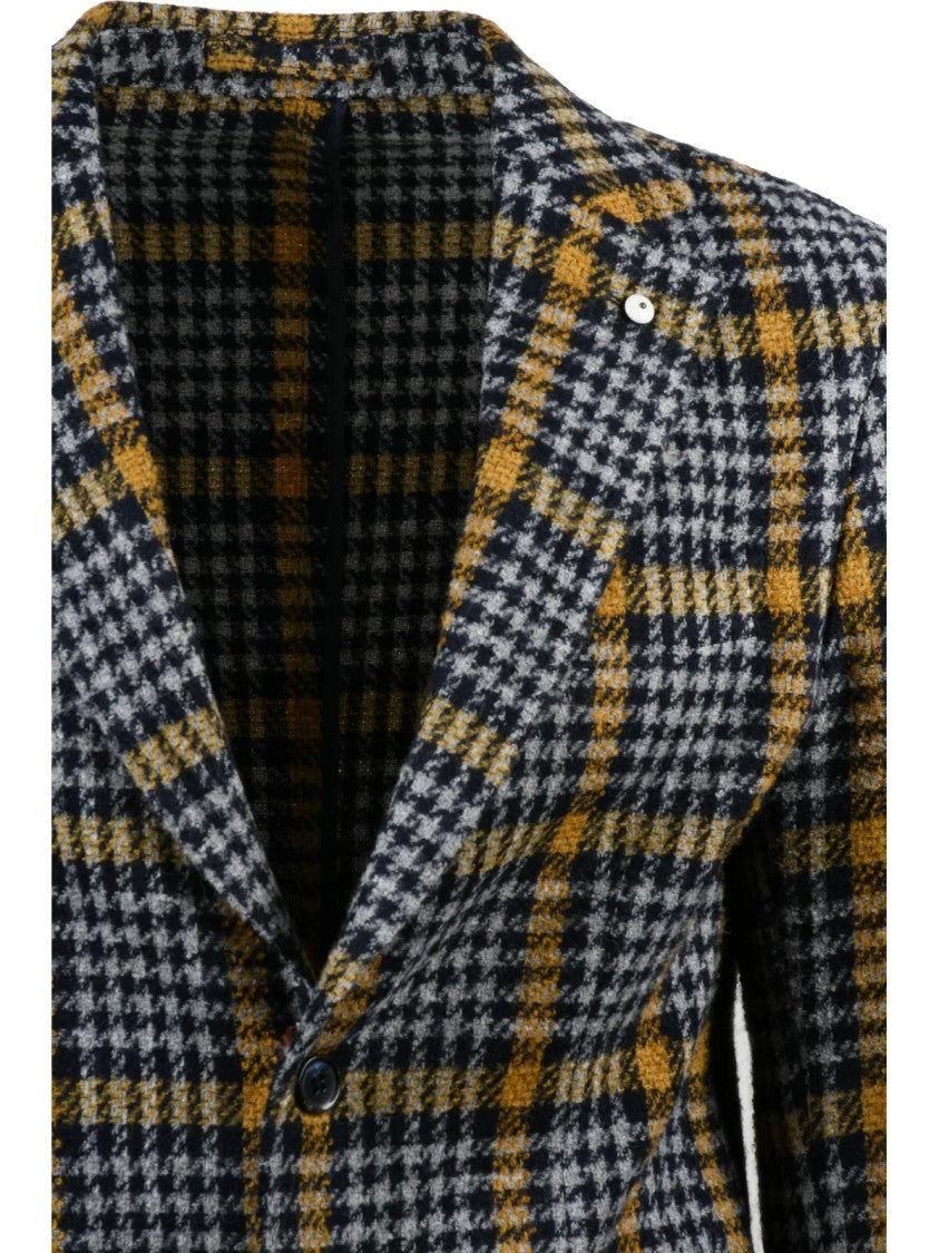 L.B.M. 1911 Tailored Checkered Jacket With Rounded Design In Grey And Yellow