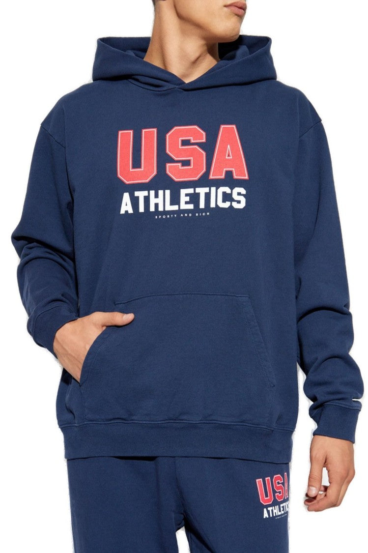 Sporty And Rich Navy Blue Hooded Sweatshirt With Usa Athletics Print