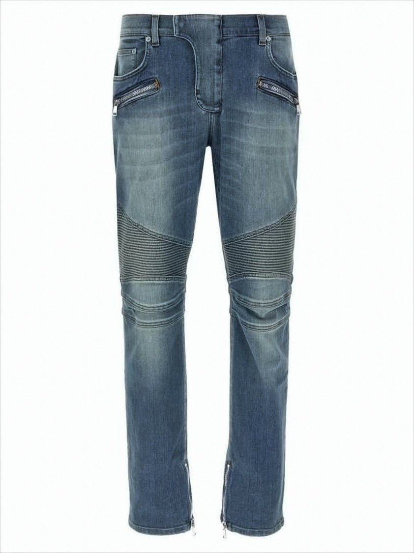 Balmain Classic Blue Wash Denim Pants With Ribbed Detailing