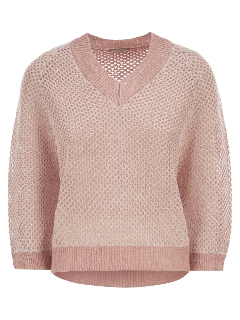 Peserico V-Neck Mesh Top In Linen And Cotton