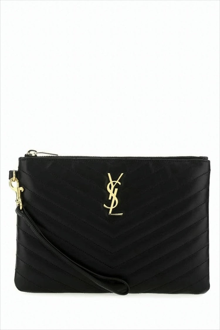Saint Laurent Chevron Quilted Black Calf Leather Clutch
