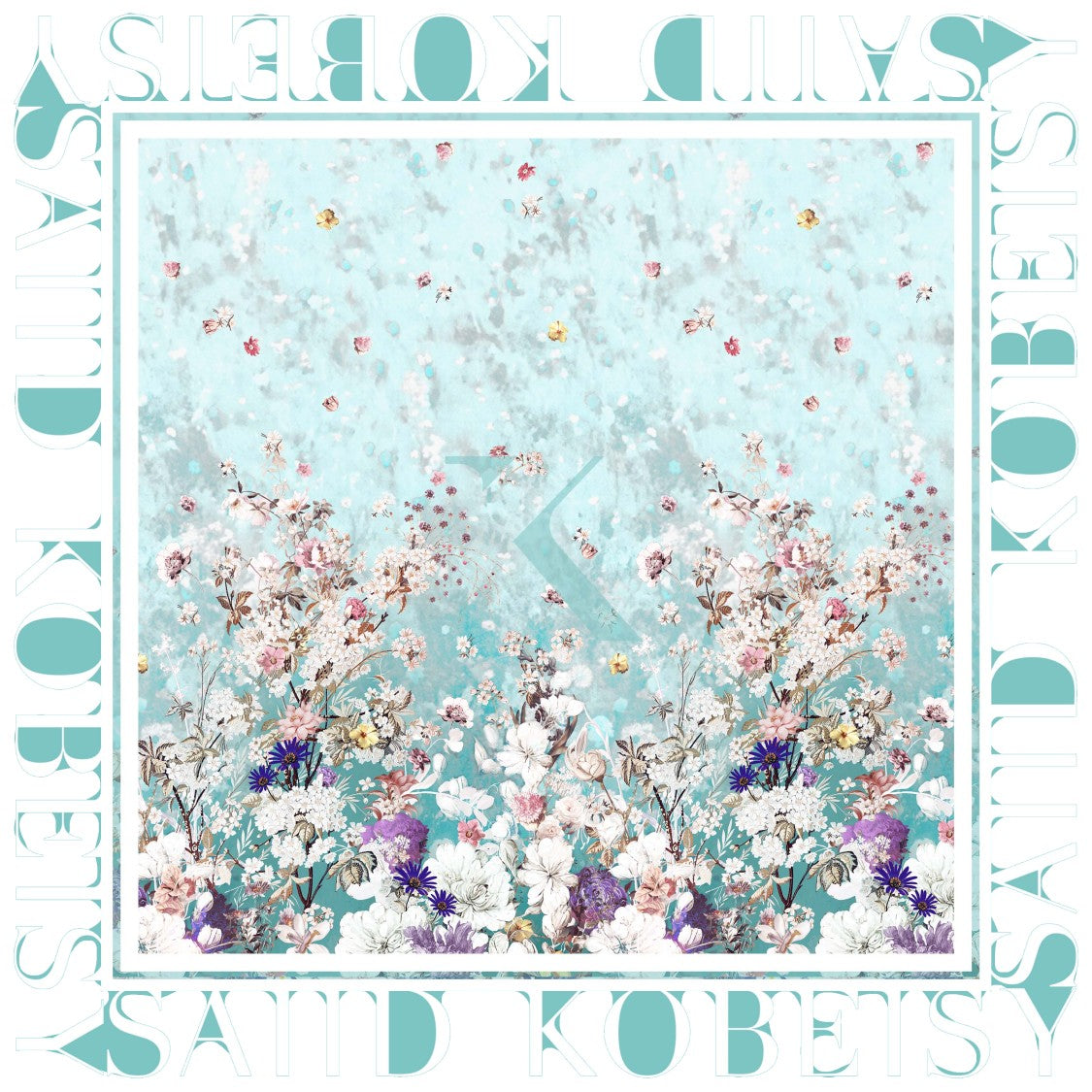 Saiid Kobeisy Tropical Flower Print Aqua Sky Chiffon Silk Scarf