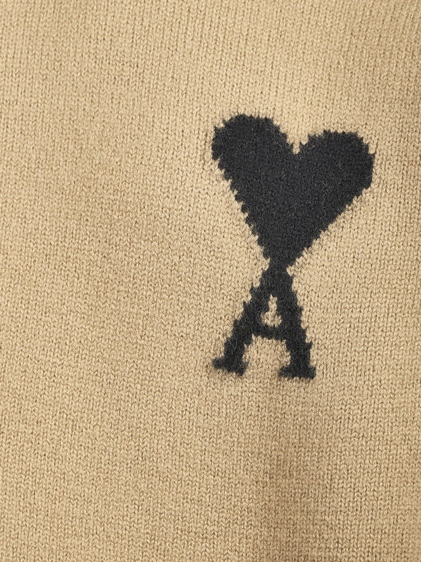 Ami Relaxed High Neck Sweater With Ribbed Detailing And Emblem