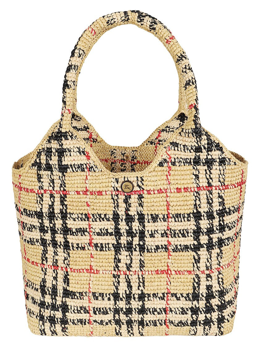 Burberry Woven Raffia Tote Bag With Check Pattern And Structured Design