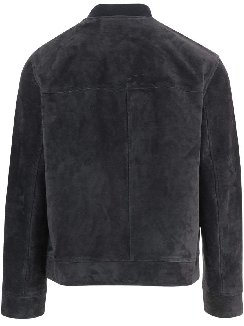 Yves Salomon Navy Suede Jacket With Round Neck