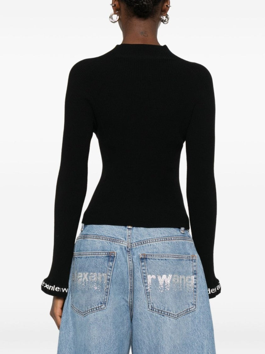 Alexander Wang Fitted Black Ribbed Sweater With Mock Neck