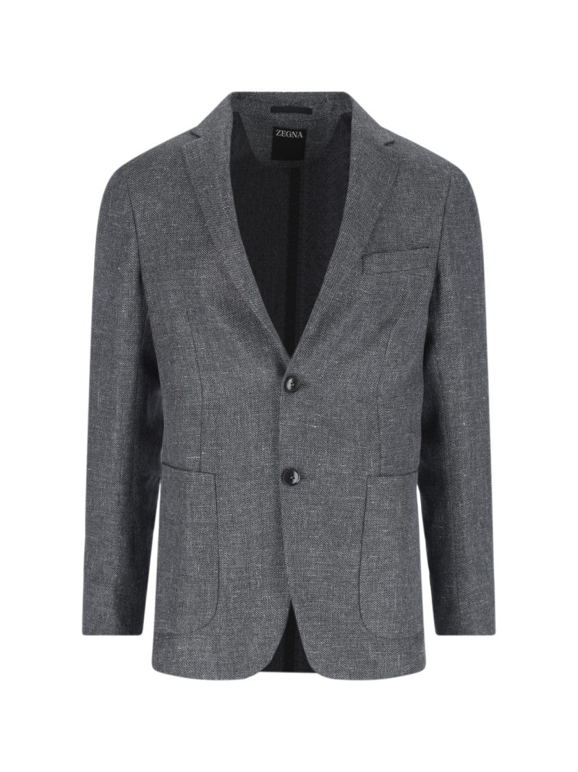 Zegna Grey Textured Linen-Wool Single-Breasted Blazer