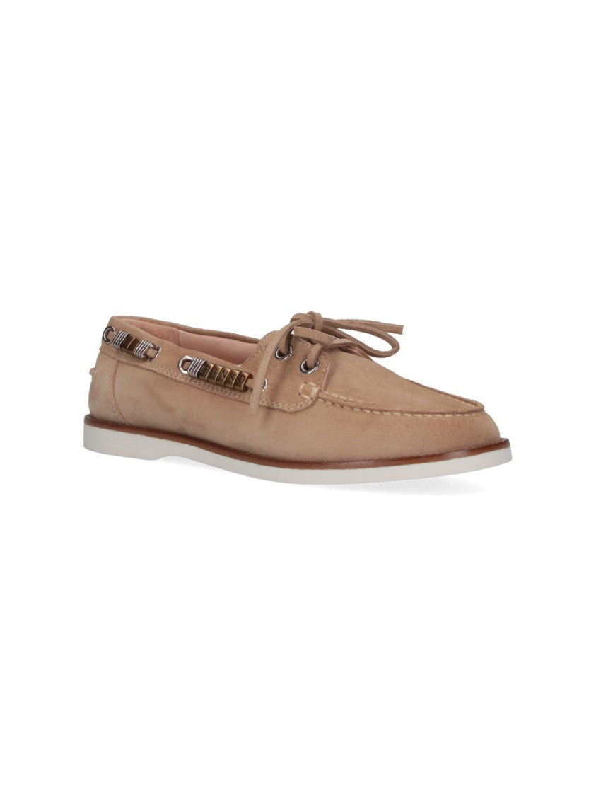 Pinko Beige Suede Lace-Up Moccasin Shoes