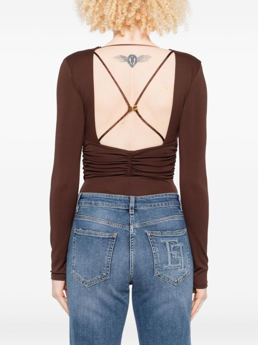 Elisabetta Franchi Brown Long-Sleeve Top With Deep V-Neckline