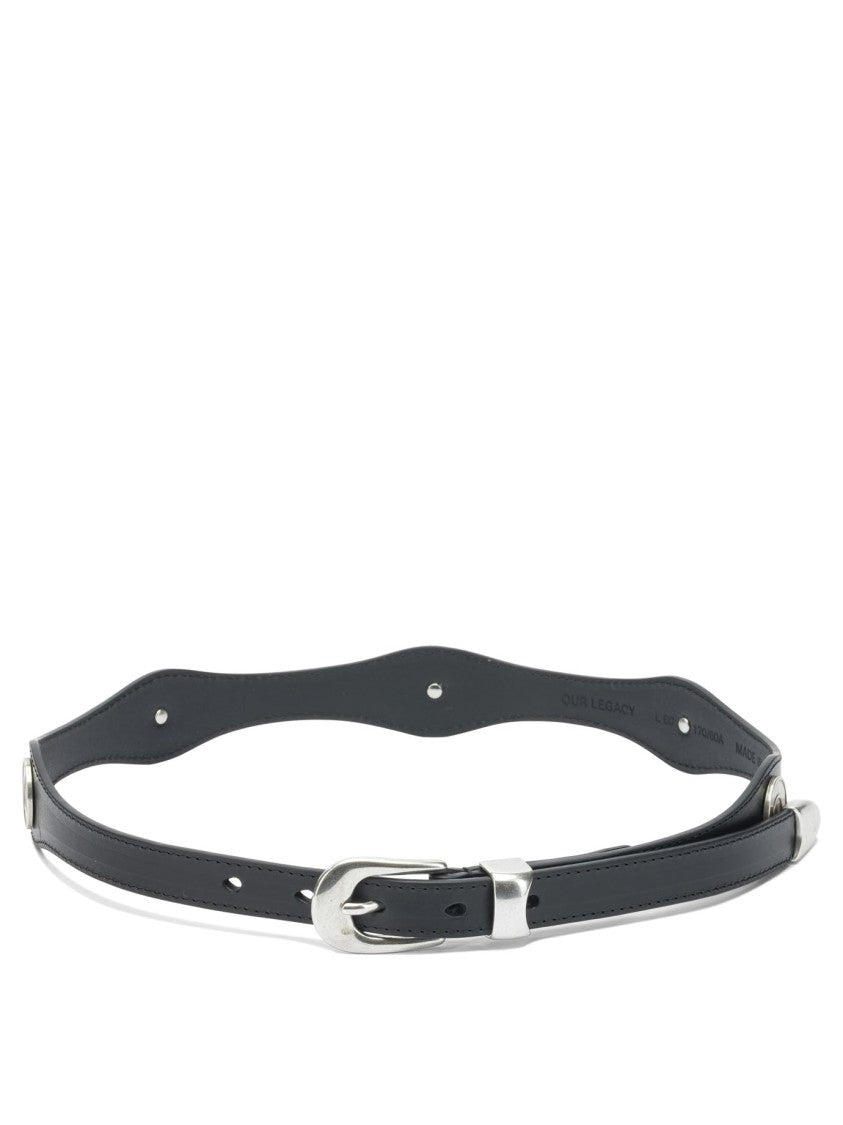 Our Legacy Wavy-Cut Black Leather Belt With Glossy Finish And Coin Rivets