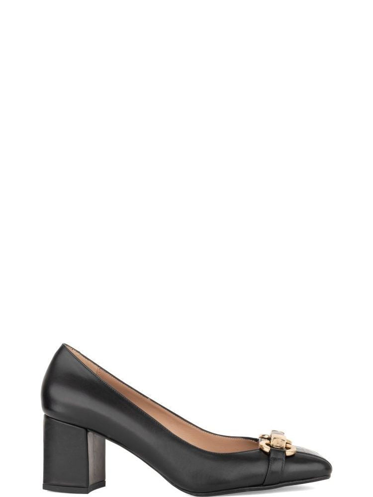 Sergio Moretti Black Gold-Tone Buckle Leather Low-Heel Pumps