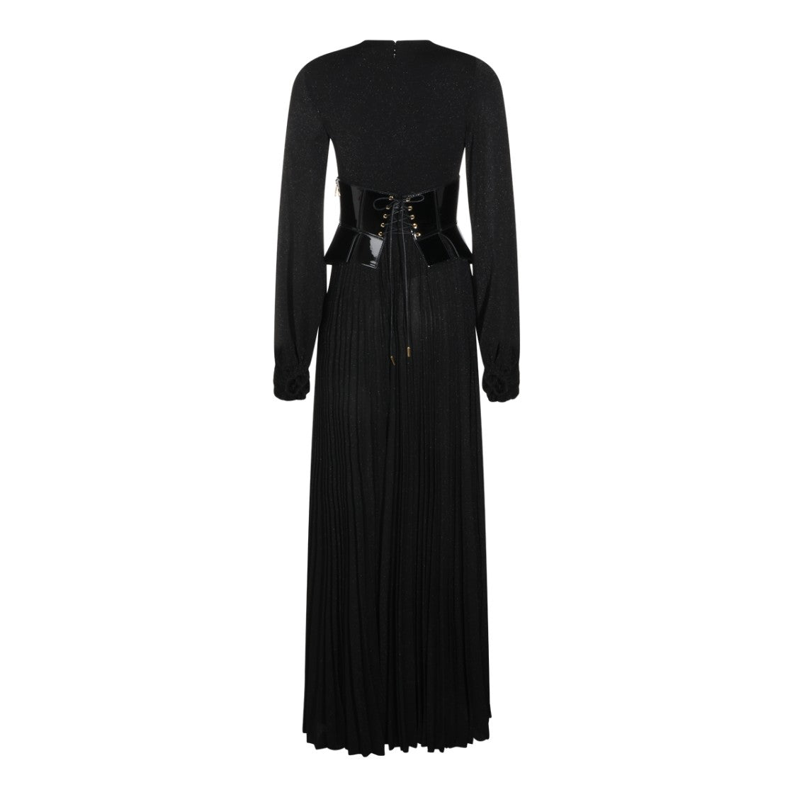 Elisabetta Franchi Deep V-Neck Glossy Corset Belt Maxi Dress