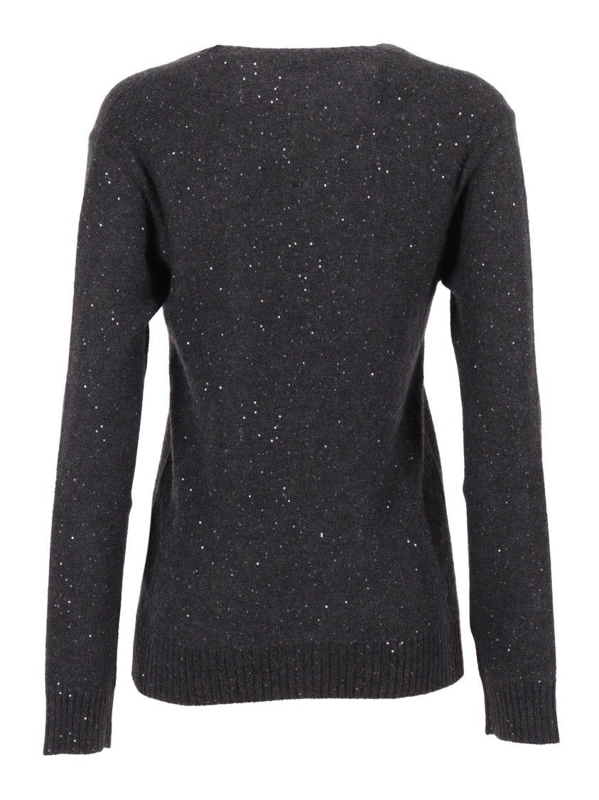 Fabiana Filippi Long-Sleeved V-Neck Knit Sweater With Iridescent Sequins