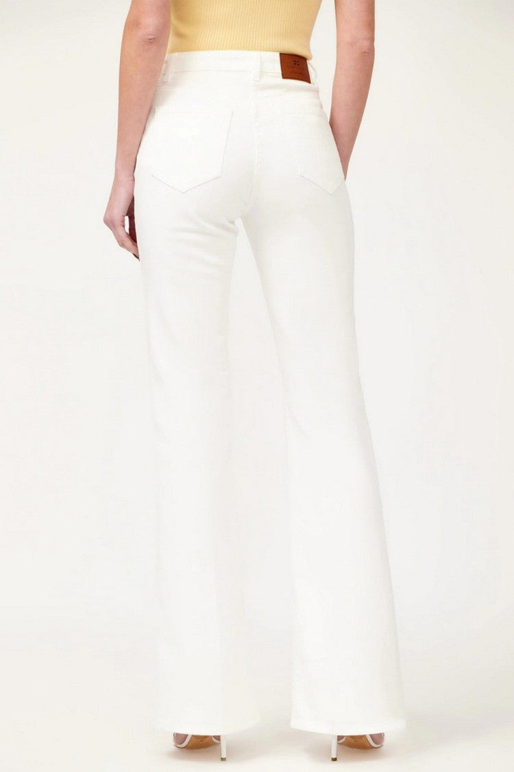 Elisabetta Franchi White Flap Pocket Gold Bow Accent Cotton Wide-Leg Jeans