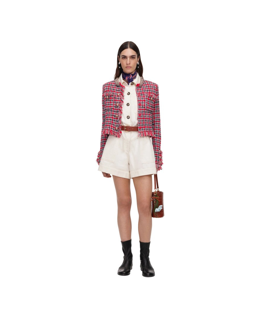 Self-Portrait Cropped Checkered Bouclé Cotton-Blend Jacket