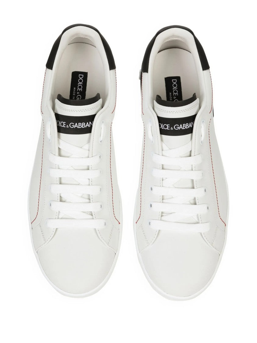 Dolce & Gabbana White Low-Top Red Stitching Leather Sneakers