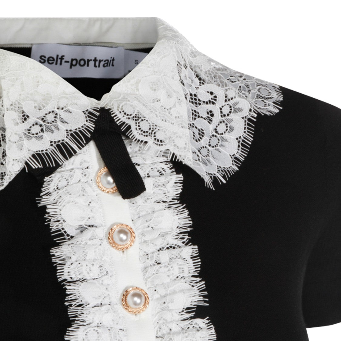 Self-Portrait Black Wool Knit Sweater With Lace Collar And Cropped Fit