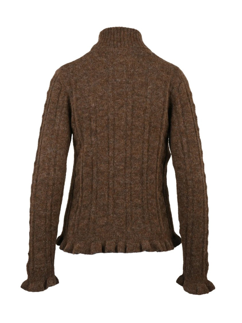 Mo5ch1no Jeans High Neck Knit Sweater With Textured Cable Knit And Ruffled Details