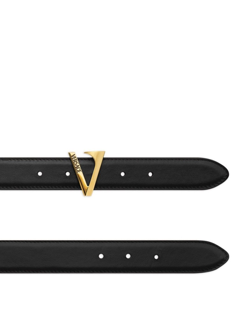 Versace Black V-Buckle Gold Hardware Leather Belt