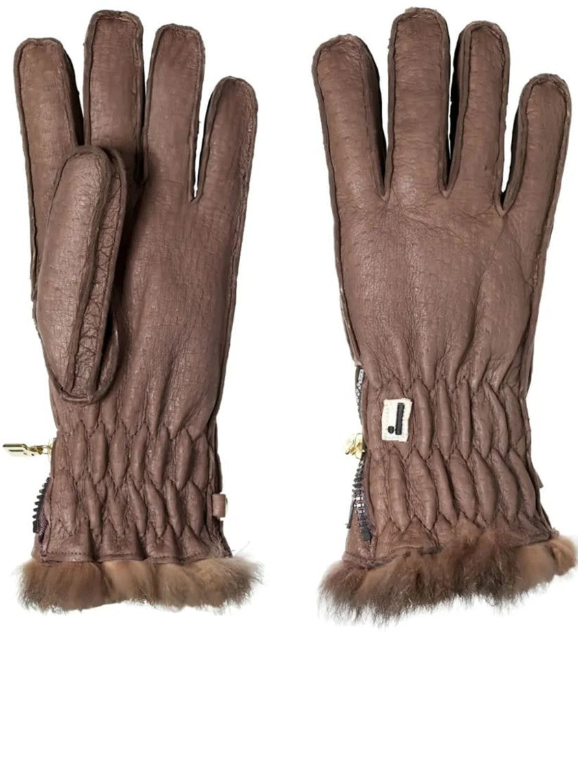 Restelli Brown Peccary Opossuy Fur-Trim Gloves