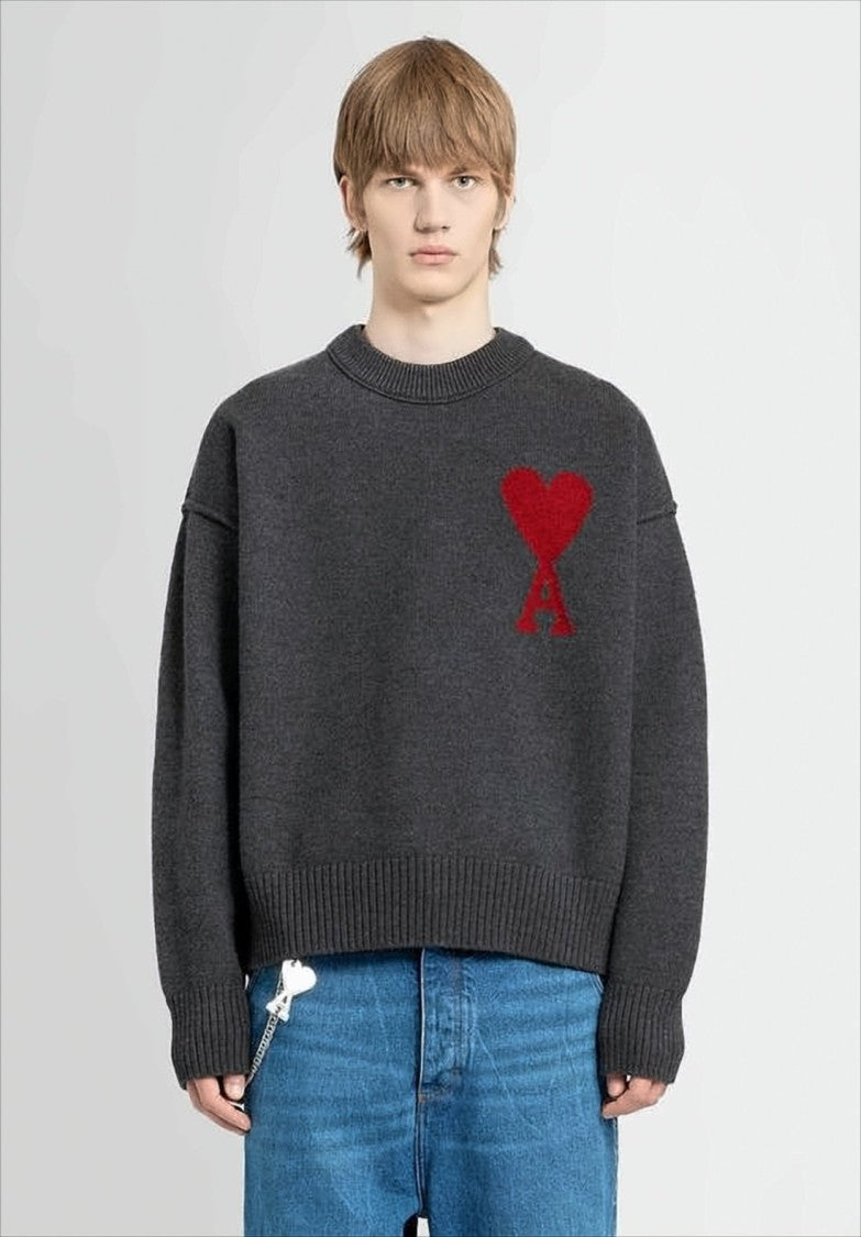 Ami Relaxed Fit Wool Sweater With Heart Emblem