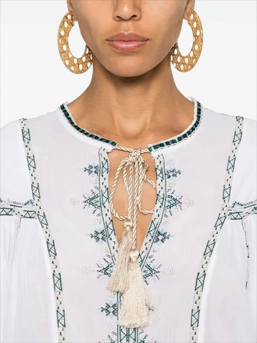 Isabel Marant Relaxed-Fit White Shirt With Embroidery And Tassel Tie