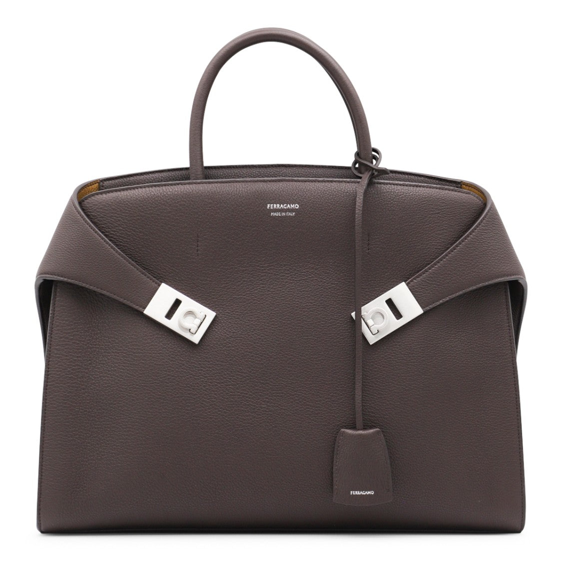 Ferragamo Structured Dark Brown Leather Top Handle Bag With Adjustable Strap