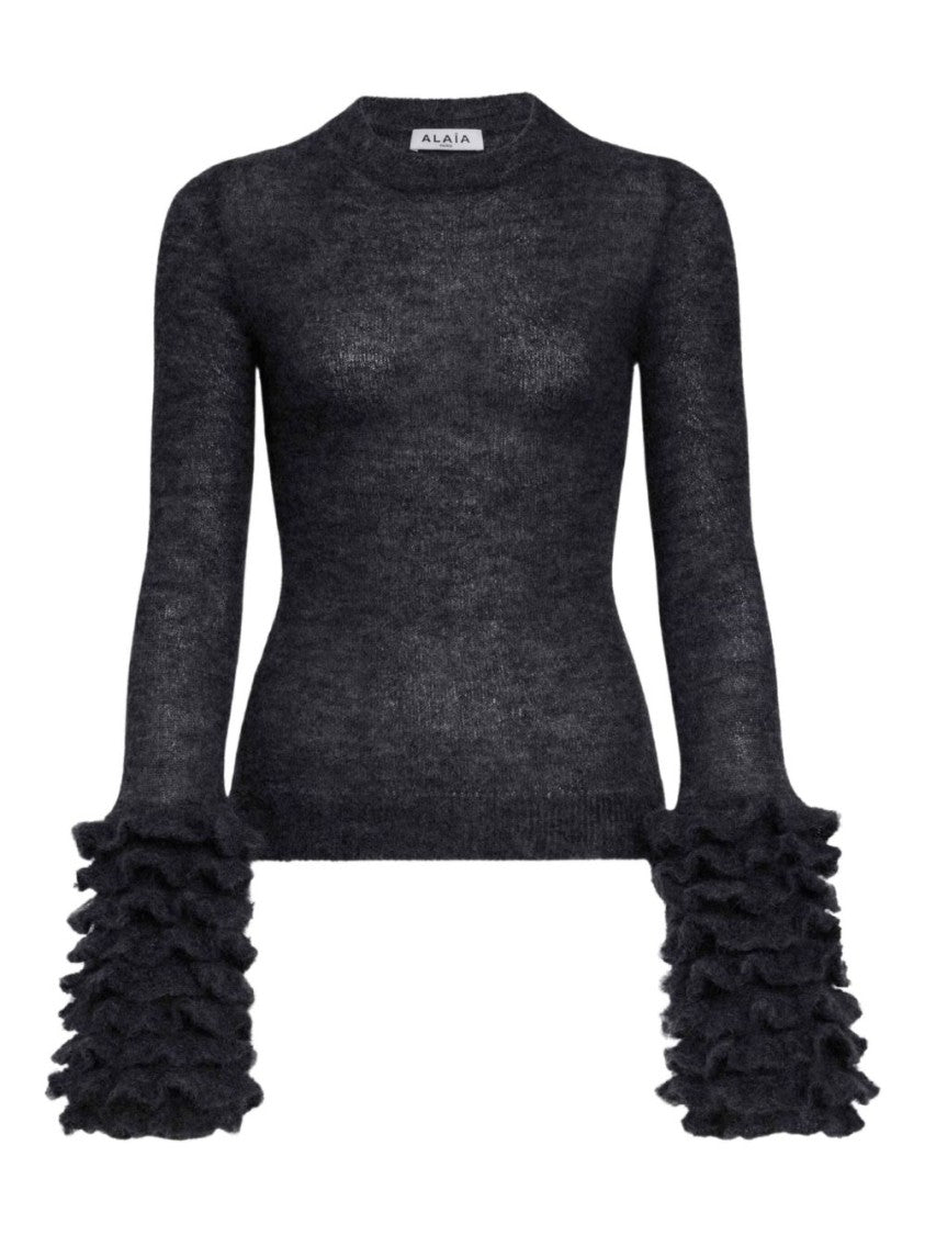 Alaïa Ruffled Cuff Dark Grey Mohair Blend Jumper