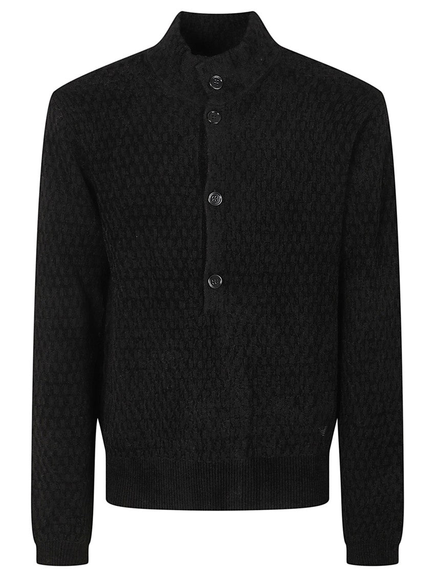 Emporio Armani Textured Knit Sweater With High Collar And Button Placket