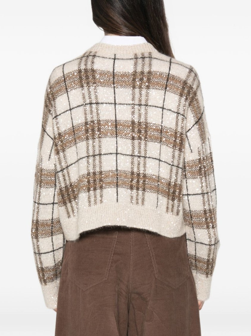Brunello Cucinelli Multicolor Textured Knit Cropped Plaid Sweater