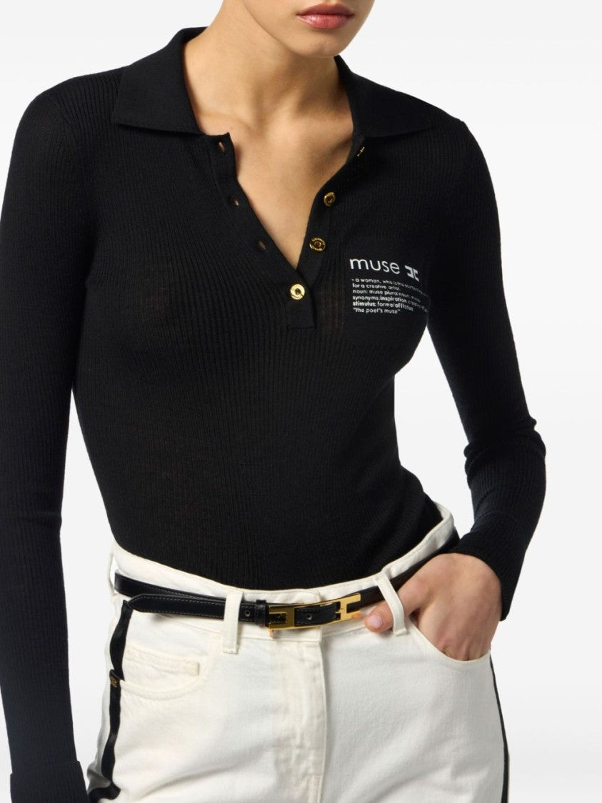 Elisabetta Franchi Fitted Black Sweater With Polo Collar