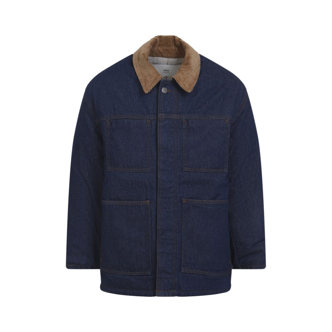 Ami Dark Denim Jacket With Brown Corduroy Collar